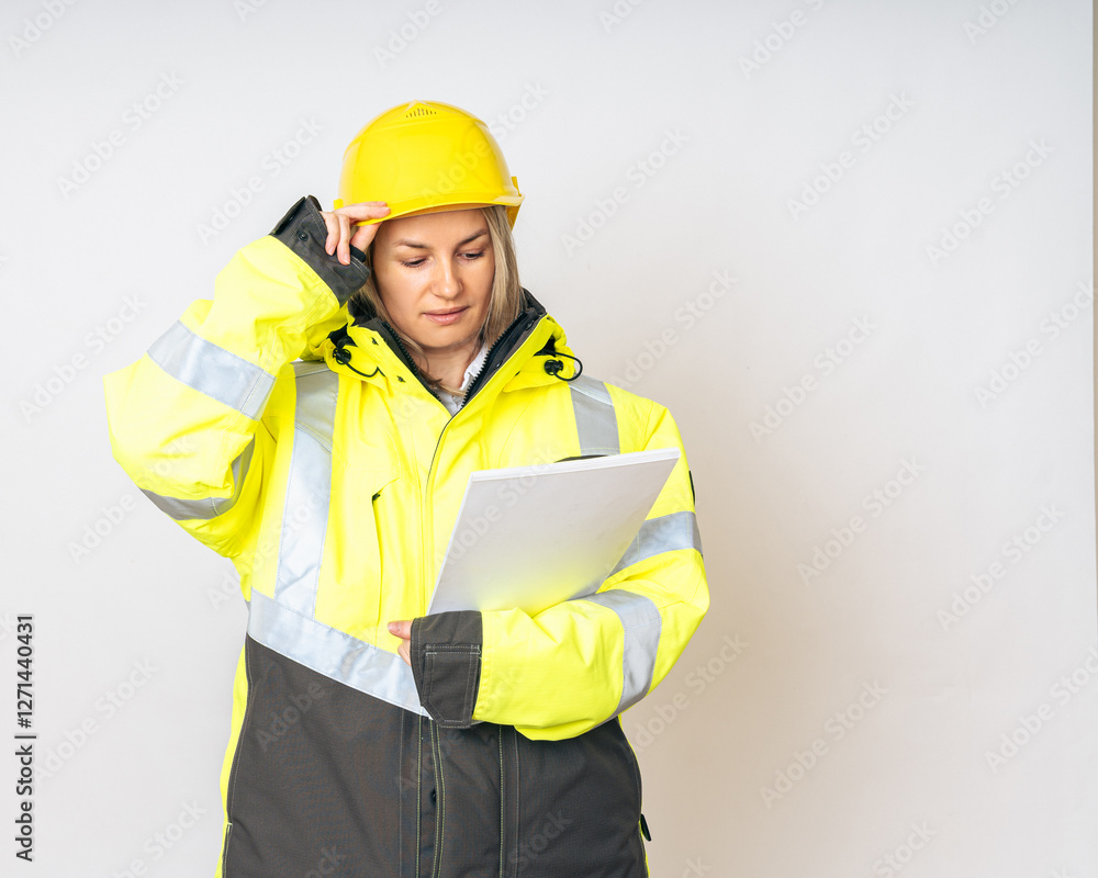 a girl in a yellow special protective jacket and a protective yellow helmet with papers in her hands. High quality photo a girl in a yellow special protective jacket and a protective yellow helmet with papers in her hands. High quality photo