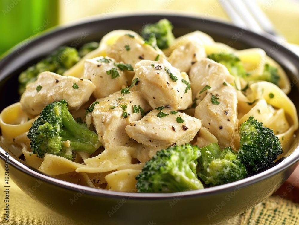 Delicious chicken alfredo pasta with broccoli in creamy sauce Delicious chicken alfredo pasta with broccoli in creamy sauce