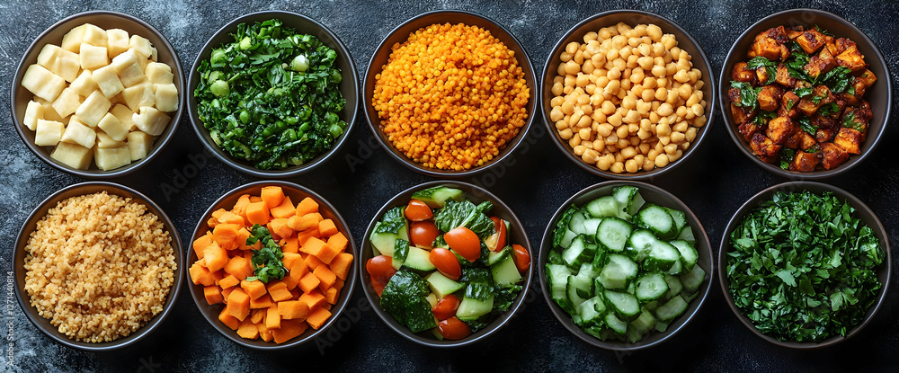 Colorful Variety Of Ingredients In Bowls Colorful Variety Of Ingredients In Bowls