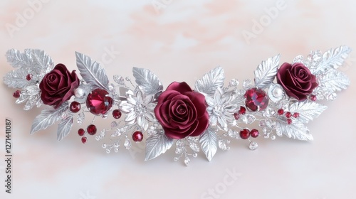 Elegant floral hairpiece with burgundy roses and silver leaves on soft background
