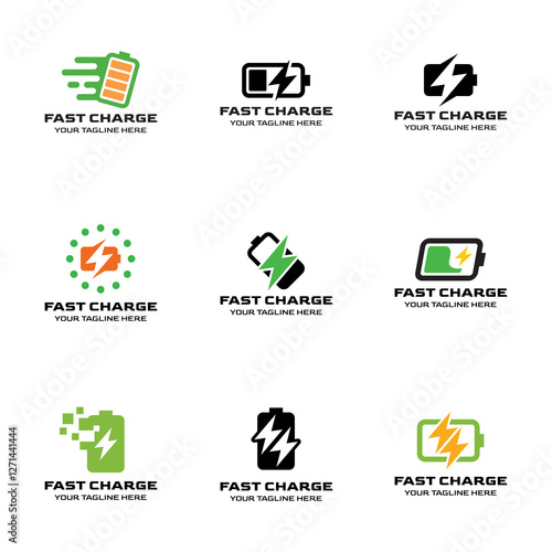 Set of Fast charging battery, Electric charge icon, Isolated on black background, Vector illustration