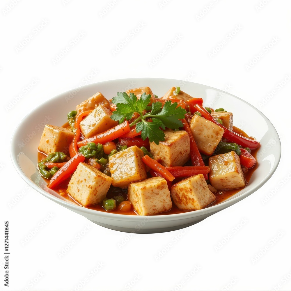 Delicious Tofu Stir Fry with Red Peppers and Greens Presented on a White Plate Isolate Image Delicious Tofu Stir Fry with Red Peppers and Greens Presented on a White Plate Isolate Image