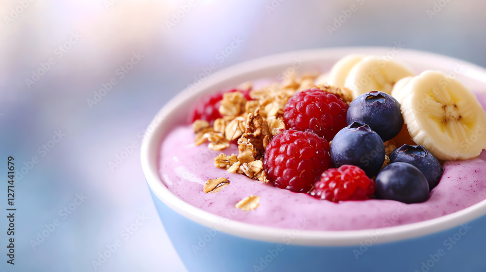 A delicious smoothie bowl topped with fresh raspberries, blueberries, banana slices, and crunchy granola A delicious smoothie bowl topped with fresh raspberries, blueberries, banana slices, and crunchy granola