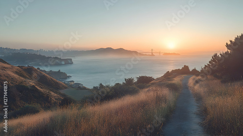 Serene coastal landscape at sunrise, showcasing nature's beauty and tranquility.