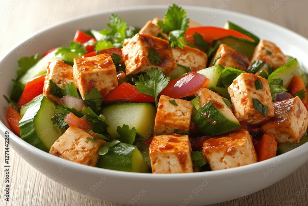 Fresh salad with tofu, vegetables, and flavorful dressing in a bowl on wooden table Fresh salad with tofu, vegetables, and flavorful dressing in a bowl on wooden table