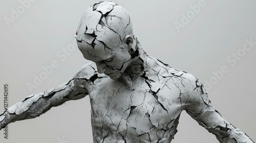 Cracked Skin Humanoid Sculpture with Damage Aesthetic Art Piece