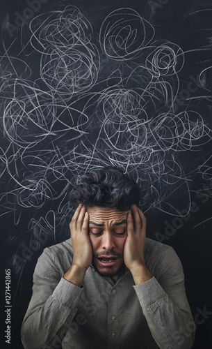 man with his head in his hands, looking confused and overwhelmed by chaotic thoughts