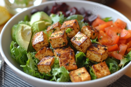 Fresh salad with tofu, vegetables, and flavorful dressing in a bowl on wooden...