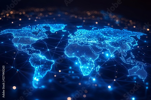 Digital representation of a world map illuminated with blue network connections in a dark background