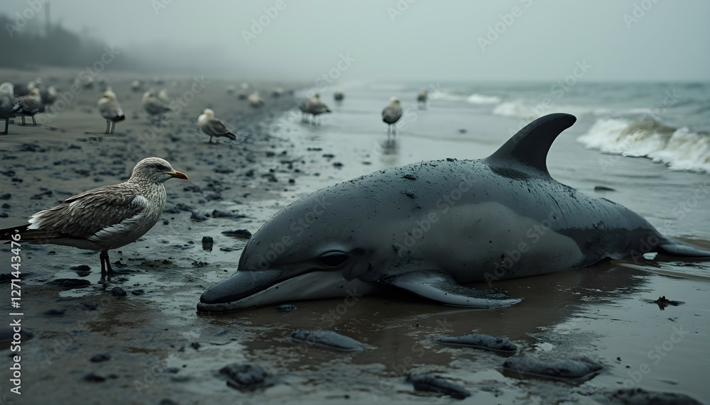 Fototapeta premium Dead Dolphin on an Oil-Contaminated Beach