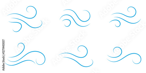 Wind line doodle set. Blue hand drawn wind swirls and gusts. Decorative breeze symbols for weather, nature, and climate designs.