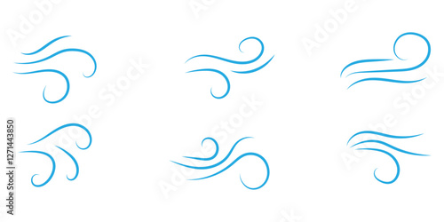 Wind line doodle set. Blue hand drawn wind swirls and gusts. Decorative breeze symbols for weather, nature, and climate designs.
