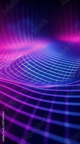 Colorful wave pattern with grid lines illuminated in purple and blue tones