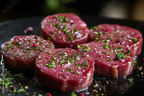 Freshly prepared beef steaks seasoned with herbs ready for grilling at a kitc...