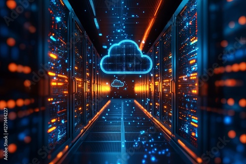 Visual representation of a data server room with cloud computing elements highlighted in vibrant colors