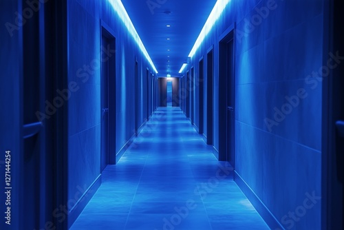 Illuminated corridor with blue light and reflection in a modern building