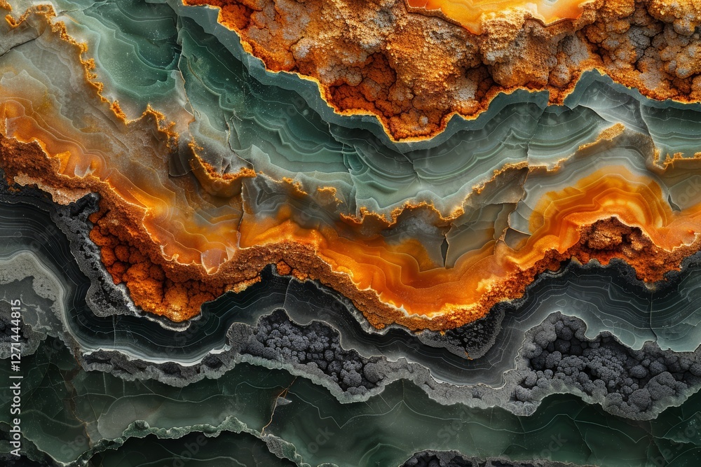 Obraz premium A vibrant close up of layered marble in white, green, and orange, with delicate veins and cracks, delivers a sophisticated for refined backgrounds.