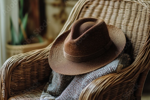 Stylish brown hat resting on a decorative pillow in a cozy indoor setting