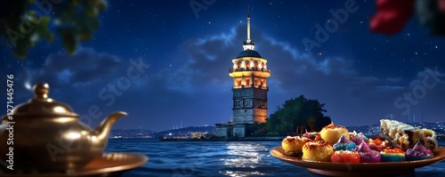 Maiden s tower at night with food and golden teapot photo