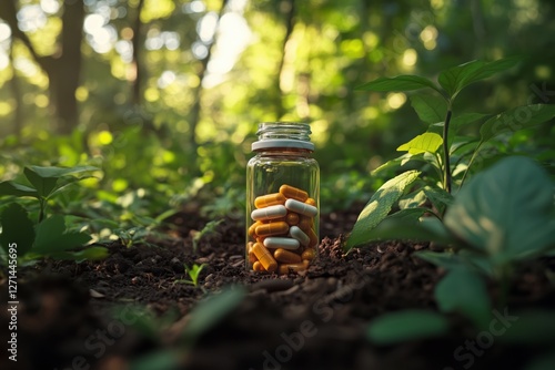 Natural supplements displayed among lush greenery in a serene forest setting
