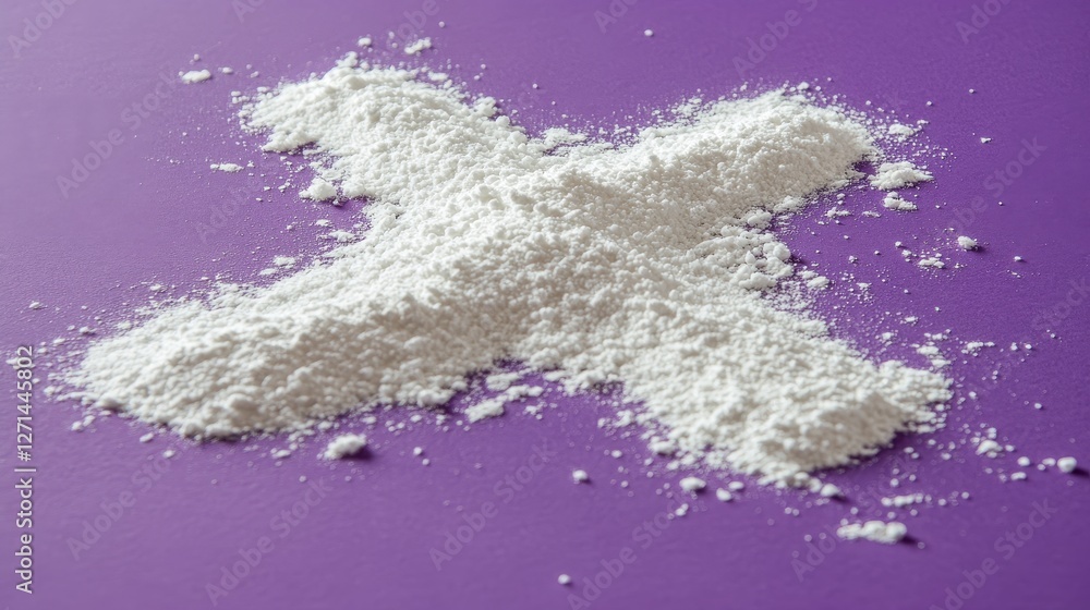 Fototapeta premium White powder in the shape of an empty cross on a purple background, symbolizing Ash Wednesday, Christian faith, and the biblical event of repentance and reflection for the Holy Day