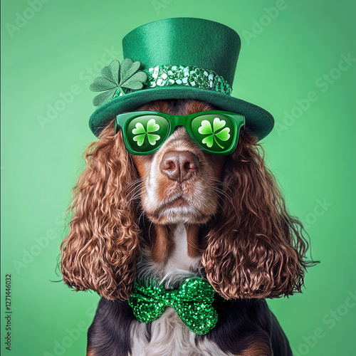 Adorable Cocker Spaniel Celebrates St. Patricks Day with Green Hat, Sunglasses, and Bowtie
