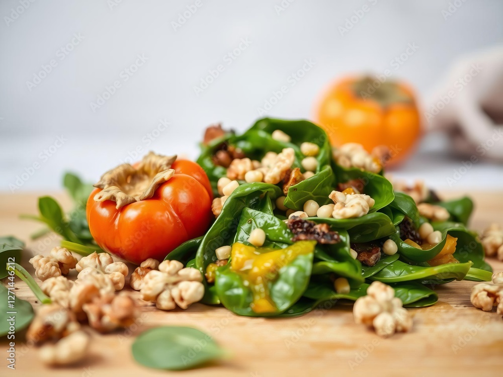Healthy and colorful salad made with fresh spinach leaves and ripe persimmon slices, topped with walnuts and vinaigrette dressing, fresh, salad Healthy and colorful salad made with fresh spinach leaves and ripe persimmon slices, topped with walnuts and vinaigrette dressing, fresh, salad