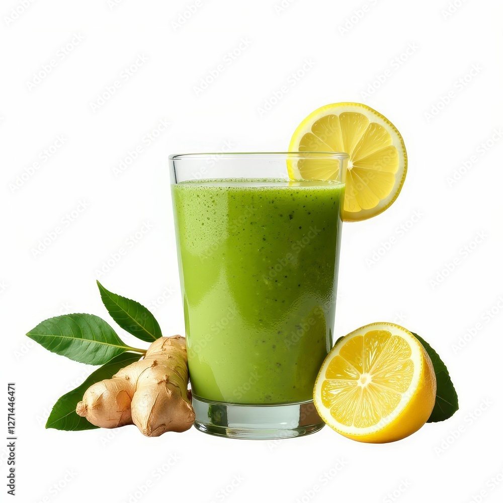 Invigorating Green Smoothie with Ginger and Lemon a Refreshing Healthy Beverage on Clear Backdrop