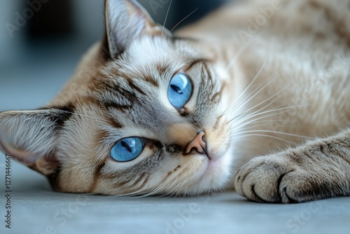 Cat with striking blue eyes relaxing indoors on a soft surface