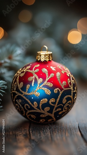 Colorful Christmas ornament with intricate design hanging in a festive setting