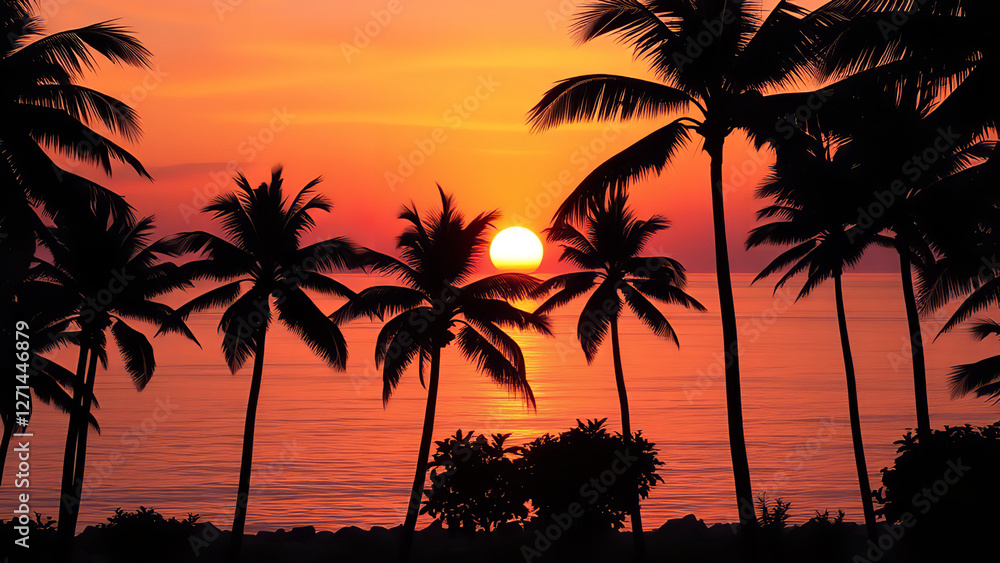 Fototapeta premium Radiant Palms at Golden Hour - A Visually Striking Landscape Image