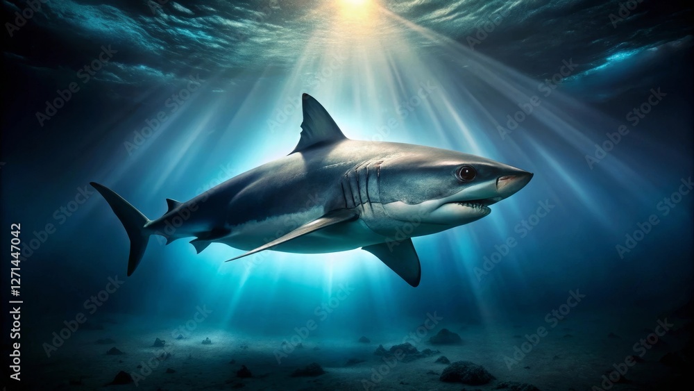 Fototapeta premium Majestic Shark Illuminated by Underwater Sunlight, Gracefully Swimming Through the Deep Ocean Depths