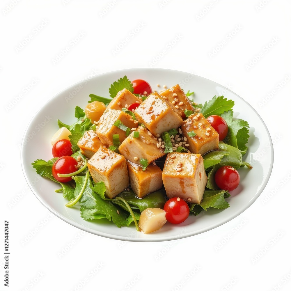 Glazed Tofu Cubes with Cherry Tomatoes and Green Herbs on a Plate Healthy Asian Vegan Dish Glazed Tofu Cubes with Cherry Tomatoes and Green Herbs on a Plate Healthy Asian Vegan Dish