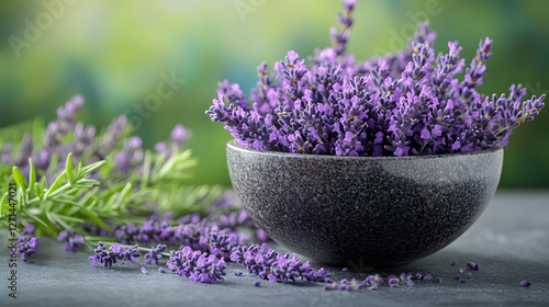 A bowl filled with vibrant lavender flowers, surrounded by scattered blooms, set against a soft green background, creating a serene and fragrant atmosphere photo