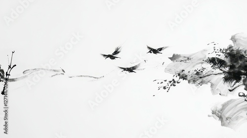 Birds in Flight Sumi e Ink Wash Painting Minimalist Asian Art Style