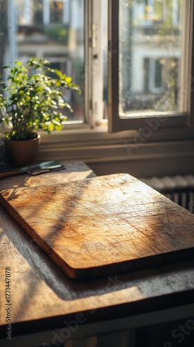 Wooden cutting board illuminated by sunlight near window in cozy kitchen setting
