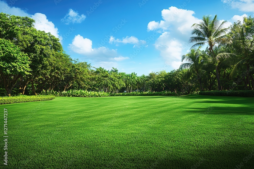 Fototapeta premium Serene Tropical Paradise: Lush Green Lawn, Majestic Palm Trees, and Azure Sky. Perfect for travel brochures, real estate marketing, or any project needing a tranquil, idyllic setting. Evokes feelings