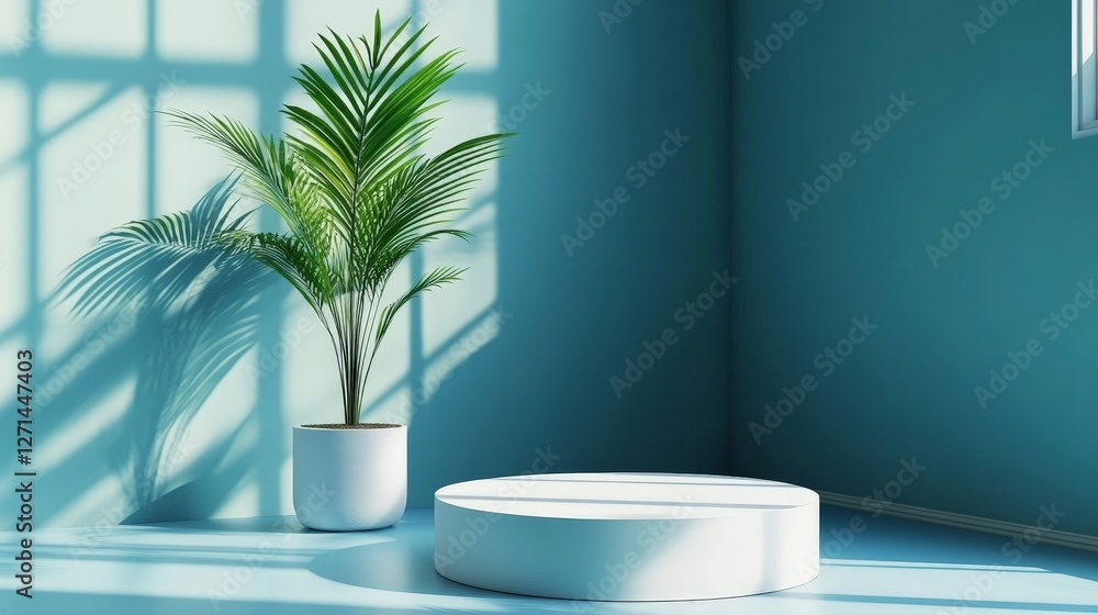 Modern indoor space featuring a vibrant palm plant and minimalist circular pedestal Modern indoor space featuring a vibrant palm plant and minimalist circular pedestal