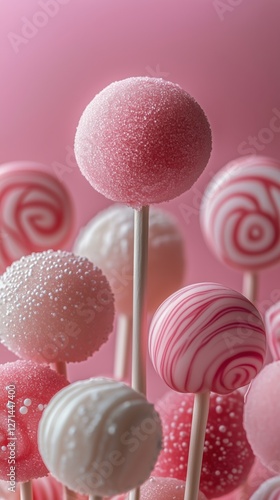Colorful lollipops and cotton candy in a lively display against a pink backgr...