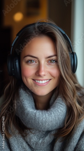 Smiling woman wearing headphones in cozy indoor setting with natural light du...