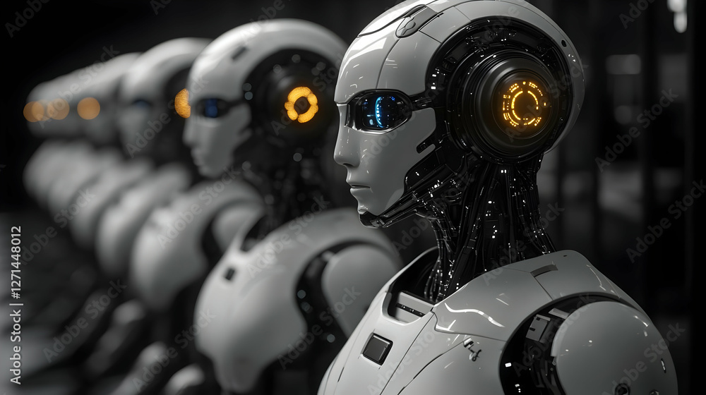 Fototapeta premium Row Of Futuristic Robots In Profile View