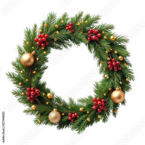 Festive Pine Wreath Adorned with Berries and Golden Ornaments Holiday Season Celebration Decor