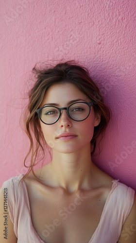 Young woman wearing glasses poses in front of a pink wall during daylight