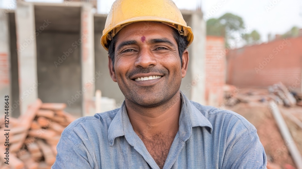 Smiling Construction Worker Wearing a Hard Hat on Building Site with Bricks Smiling Construction Worker Wearing a Hard Hat on Building Site with Bricks