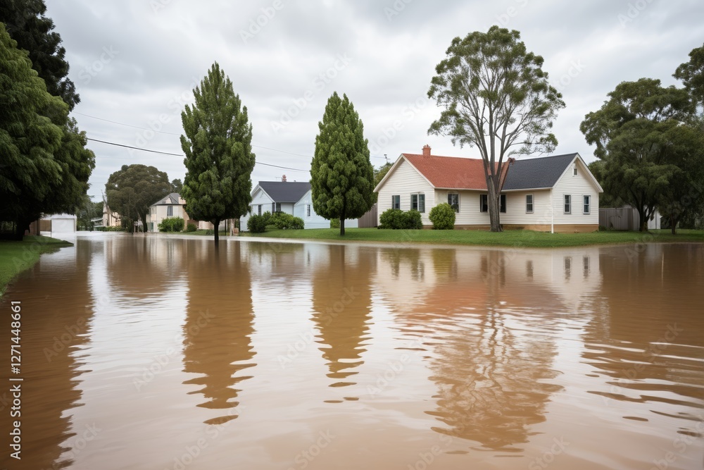 flooded street with houses and trees in the background flooded street with houses and trees in the background