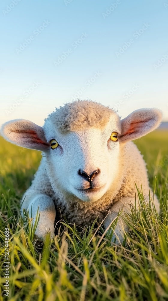 Lambs Frolicking in a Sunlit Field concept. Cute lamb resting on green grass under a clear blue sky Lambs Frolicking in a Sunlit Field concept. Cute lamb resting on green grass under a clear blue sky