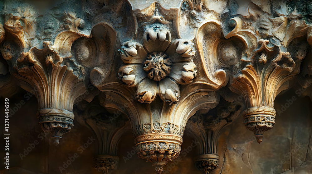 Fototapeta premium Ornate architectural detail featuring intricate floral and scroll motifs.