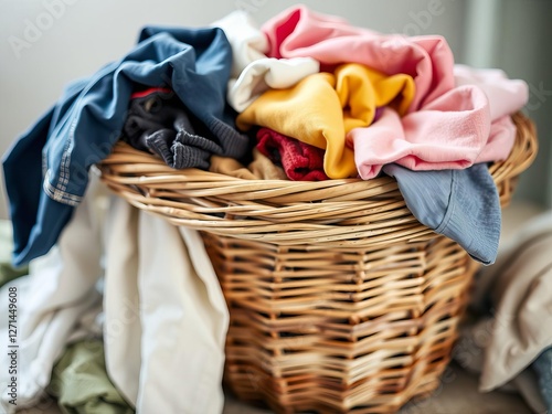 Overflowing wicker laundry basket with colorful clothes, teal backdrop, overflowing, basket, wicker