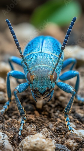 Bright blue insect with intricate patterns crawling on a rocky surface in a n...
