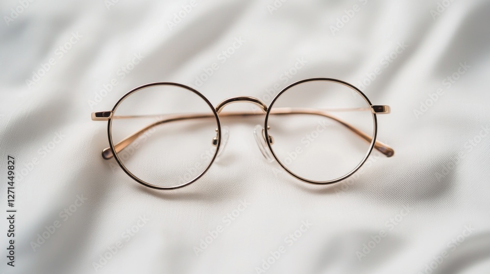 A pair of chic round eyeglasses rests on a smooth white surface, emphasizing their elegant design and contemporary appeal, perfect for enhancing any outfit with sophistication